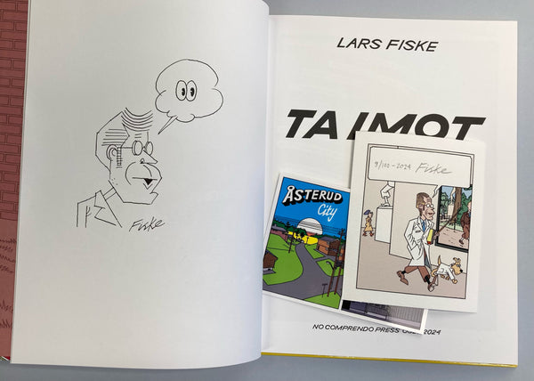 Lars Fiske: Ta imot DELUXE-UTGAVE MED SIGNERT HQ PRINT, postkort + bok signert med tegning